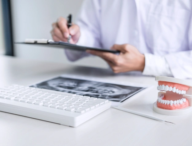 Dentist discussing dental insurance and financing options